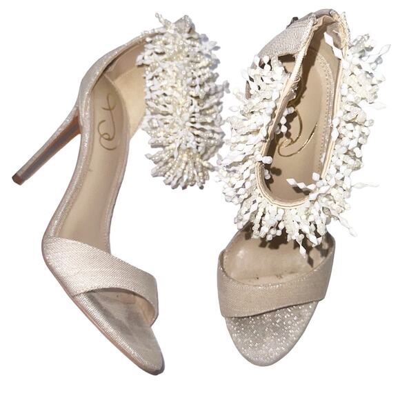Sam Edelman Gillie Sand Linen Stilettos Open Toe Heels Beaded Size 7.5, 4'' Heel - Picture 1 of 13